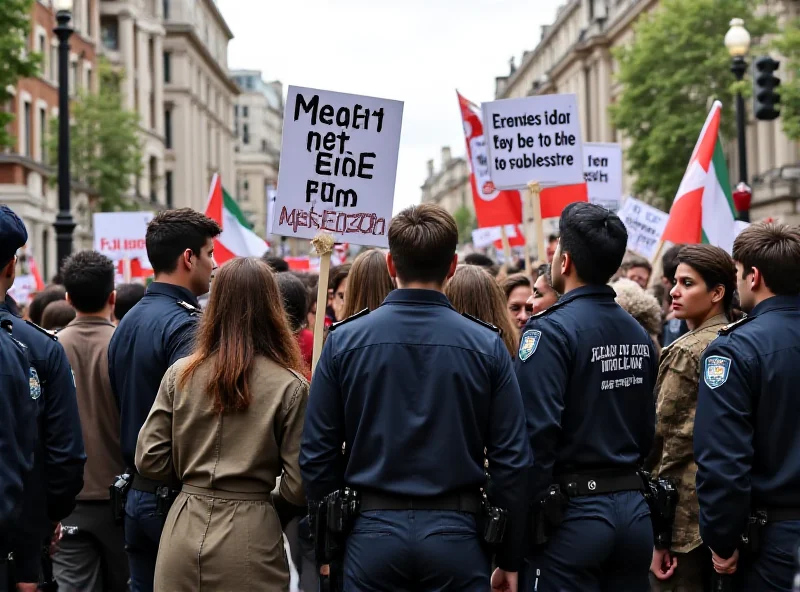 A diverse group of people marching in a pro-Palestine protest in London, holding signs and banners, with the Metropolitan Police monitoring the event