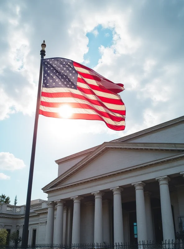 Image of the US flag waving in front of the US State Department building in Washington D.C.