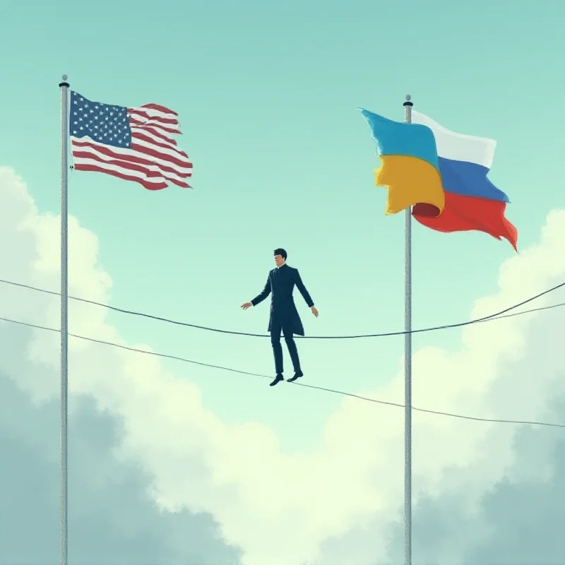 A digital illustration showing a tightrope walker representing Ukraine walking between the American and Russian flags