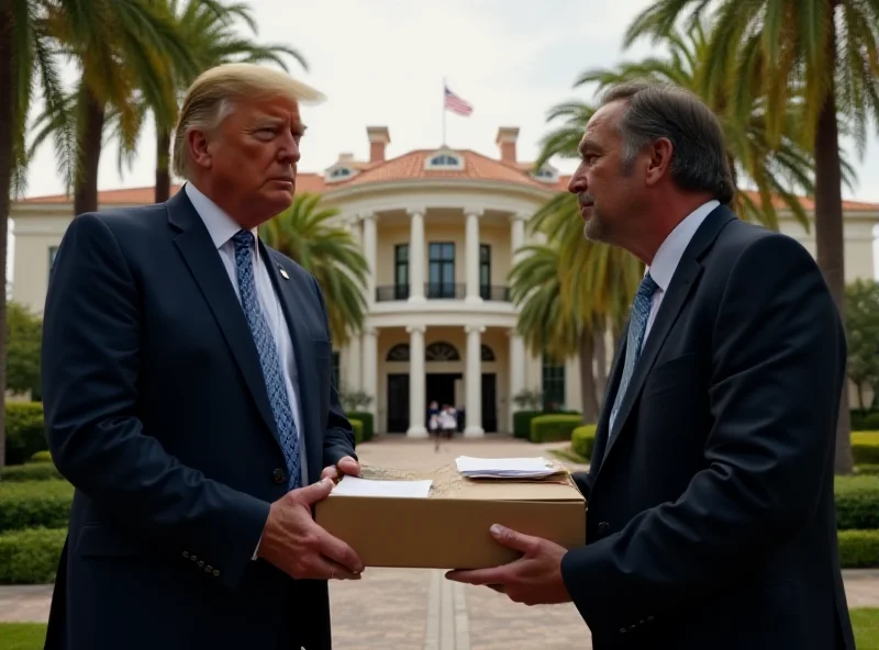 An FBI agent handing over a box of documents to a lawyer outside Mar-a-Lago.