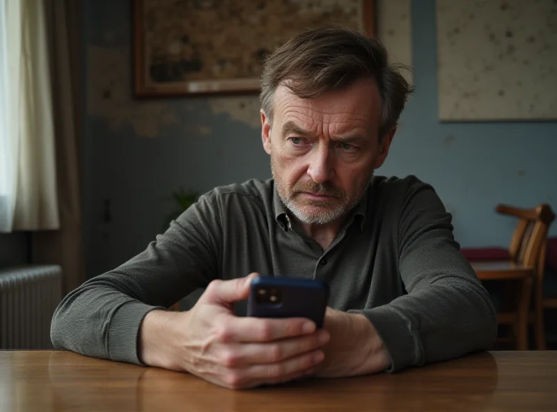 A concerned Ukrainian citizen watches news on a mobile phone.