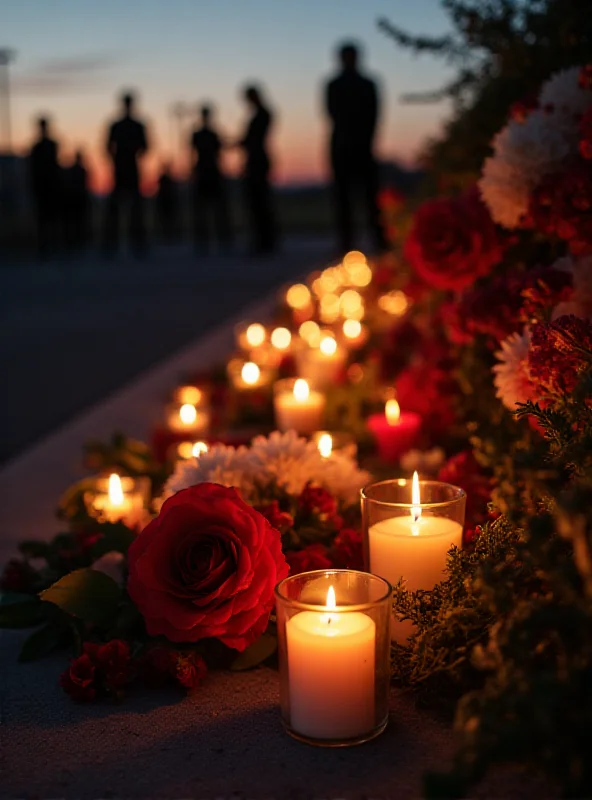 Candles and flowers at a memorial for a young victim.