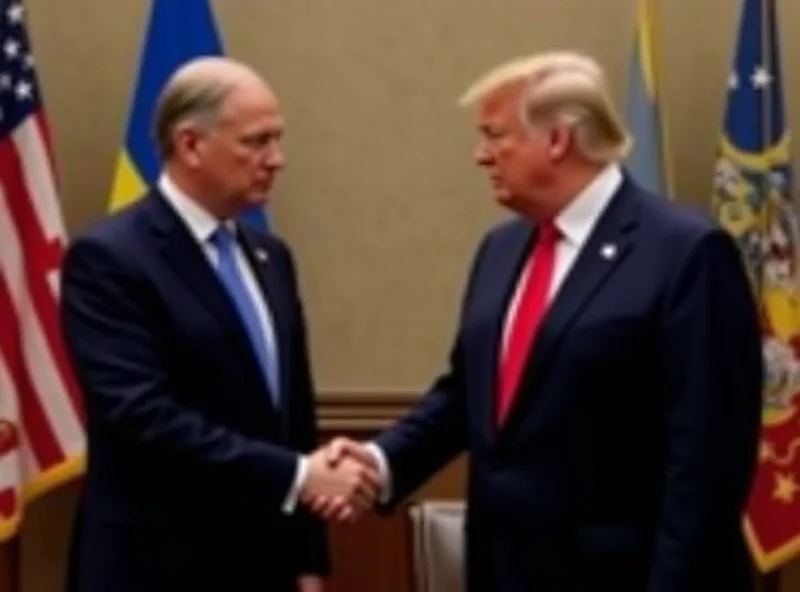 Donald Trump and Volodymyr Zelensky shaking hands with serious expressions during a formal meeting.