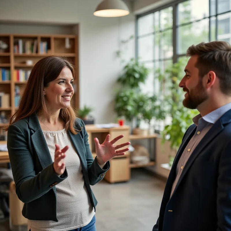 Leonie Mellinger giving advice to Keir Starmer during a public speaking preparation session. They are in a modern office setting.