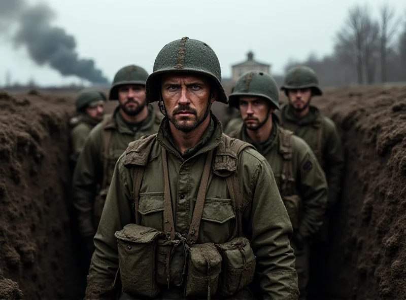 A group of Ukrainian soldiers standing in a trench, looking determined and resolute. The background shows a war-torn landscape with smoke and debris.