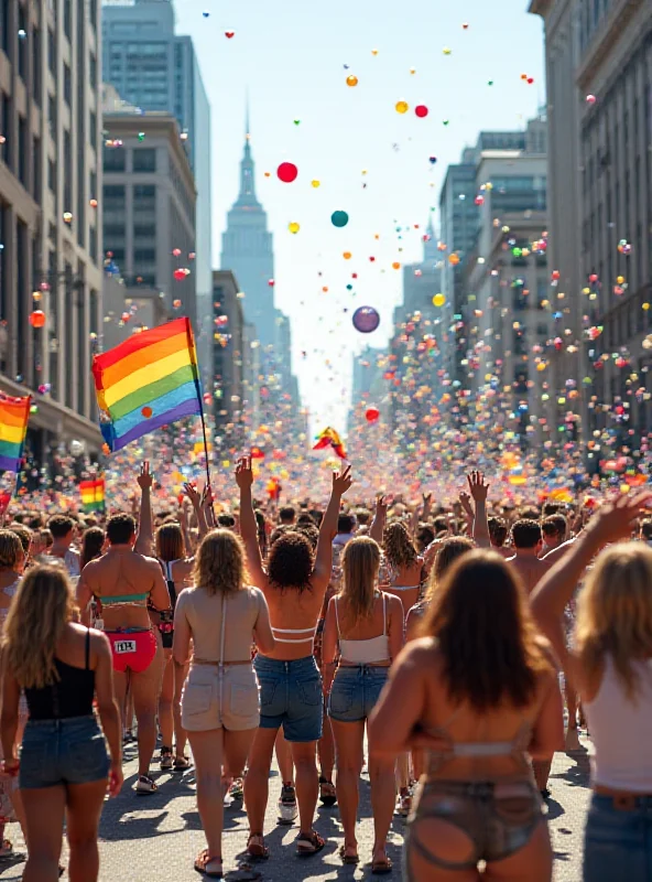 A colorful illustration of a Pride parade with people holding rainbow flags and banners. The illustration is vibrant and celebratory, capturing the spirit of the event.