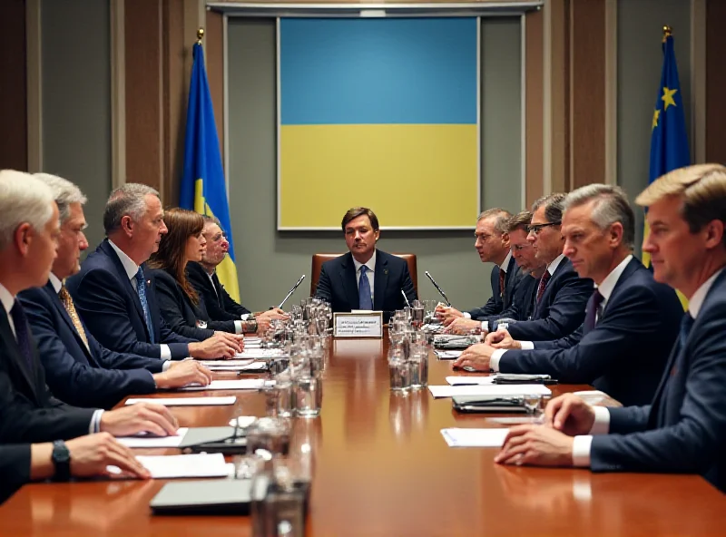 A modern conference room with flags of the United Kingdom and Ukraine displayed prominently. Delegates are seated around a large table, engaged in discussions. The atmosphere is professional and focused.