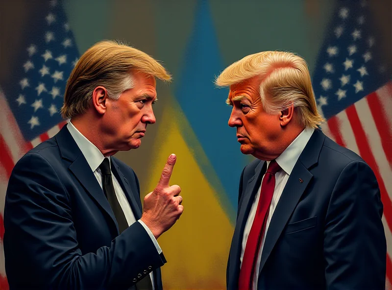 Illustration of Donald Trump and Volodymyr Zelensky in a tense discussion, with a backdrop of the Ukrainian and American flags.