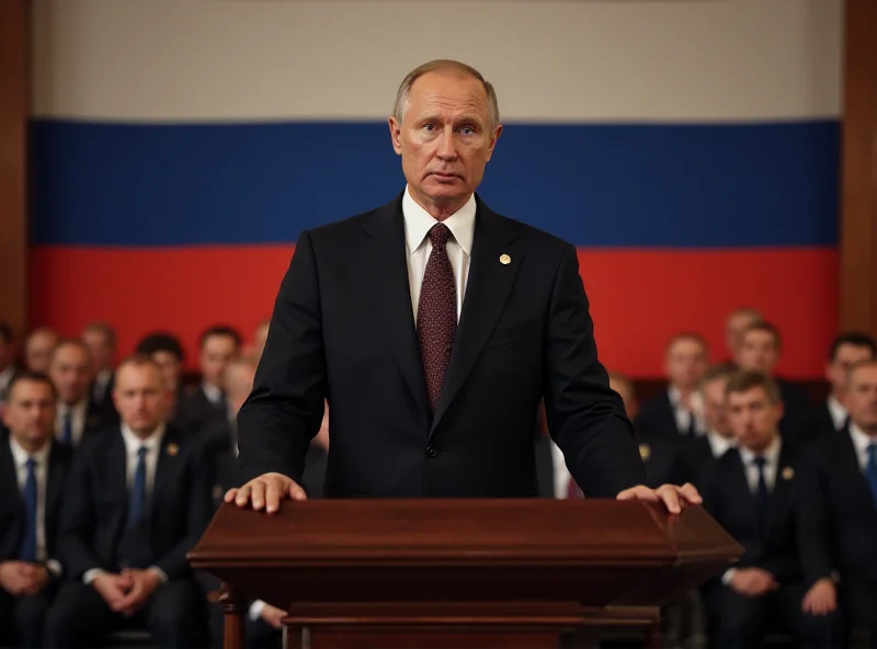 A serious portrait of Vladimir Putin addressing members of the FSB, with the Russian flag prominently displayed in the background.