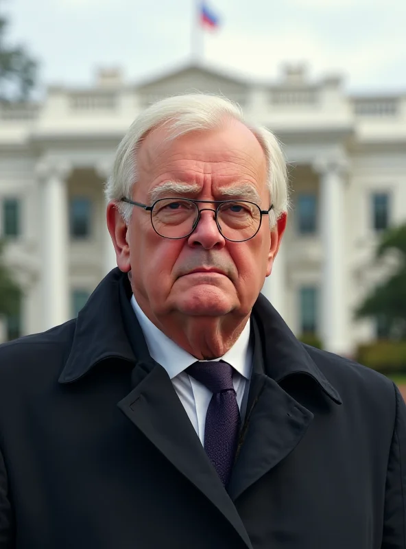 Digital illustration of Frank-Walter Steinmeier looking concerned in front of the White House, with a subtle Ukrainian flag in the background