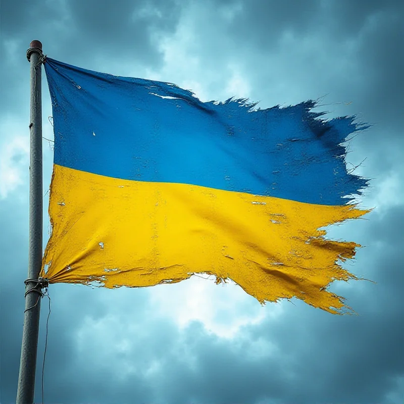 A stylized image representing the Ukrainian flag, torn and tattered, but still waving strongly against a stormy sky, symbolizing the nation's resilience and defiance in the face of conflict.