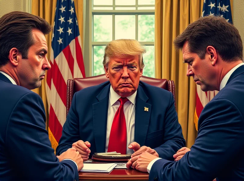 Illustration of a tense meeting in the Oval Office, with Trump, Zelensky, and Vance present.