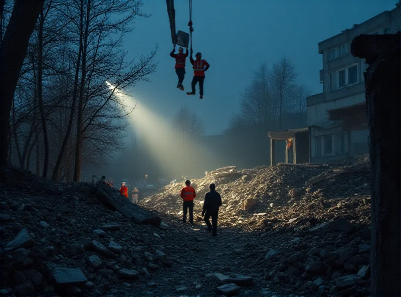 Rescue workers searching through rubble at night after a missile strike on a hotel in Kryvyi Rig.