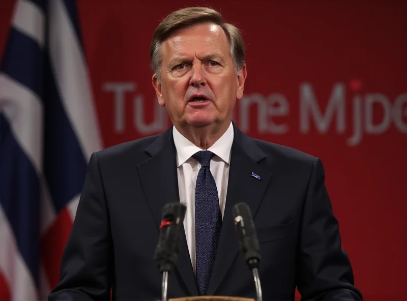 Jonas Gahr Store speaking at a podium with a Norwegian flag in the background