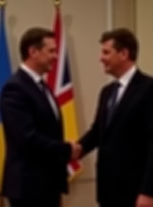 Volodymyr Zelenskyy and Keir Starmer shaking hands in front of flags