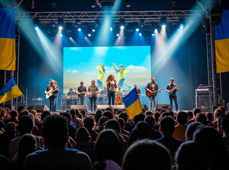 A vibrant outdoor concert scene with a large crowd and a stage featuring musicians performing under bright lights.