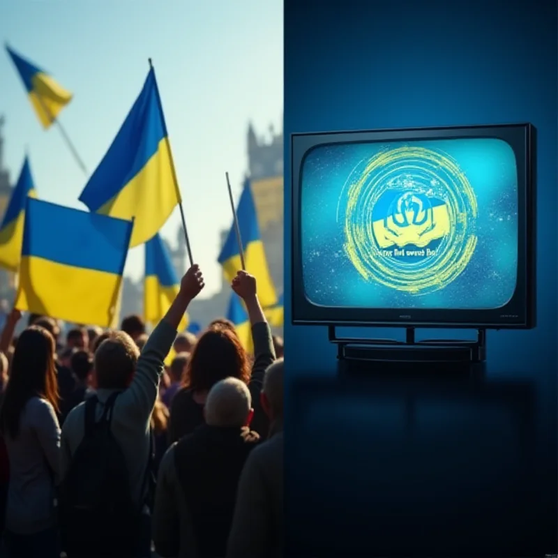 A split screen image. On one side, a group of people waving Ukrainian flags. On the other side, a television screen displaying the logo of Freedom TV.