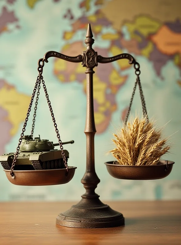 Conceptual image of a scale balancing military spending and foreign aid, with aid tipping downwards.