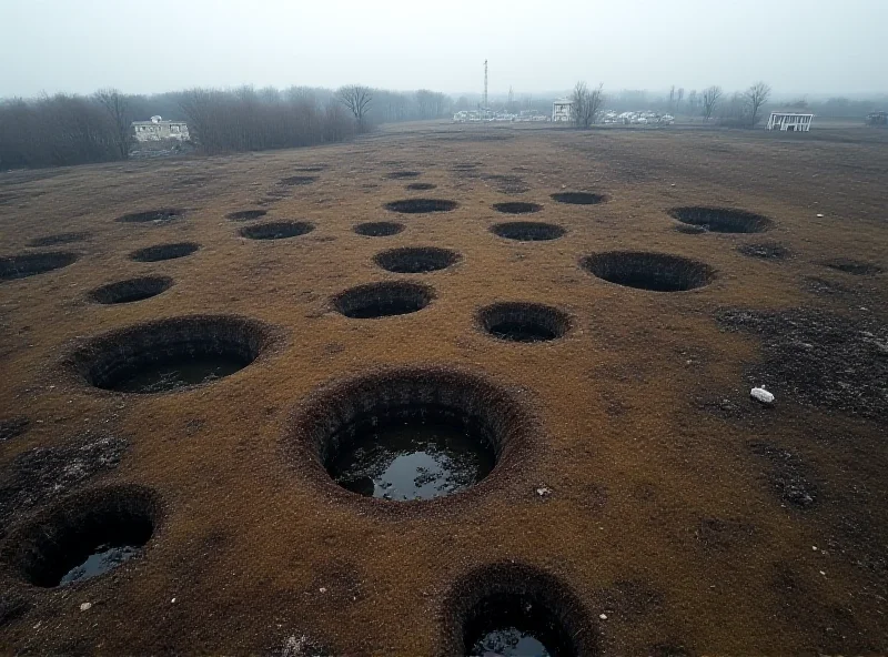 Aerial view of a field in Ukraine pockmarked with craters from missile strikes, showing environmental damage.