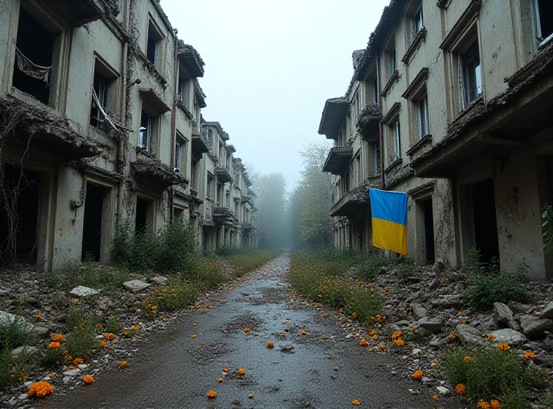 A war-torn street in Ukraine, with bombed buildings and debris, but with signs of life like flowers growing in the rubble.