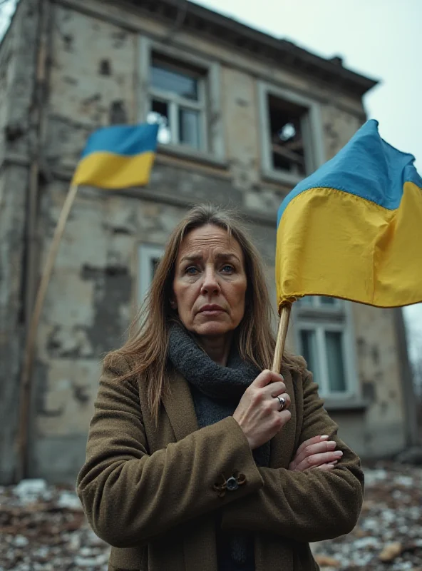 A Ukrainian woman stands in front of a damaged building, holding a Ukrainian flag and looking determined.