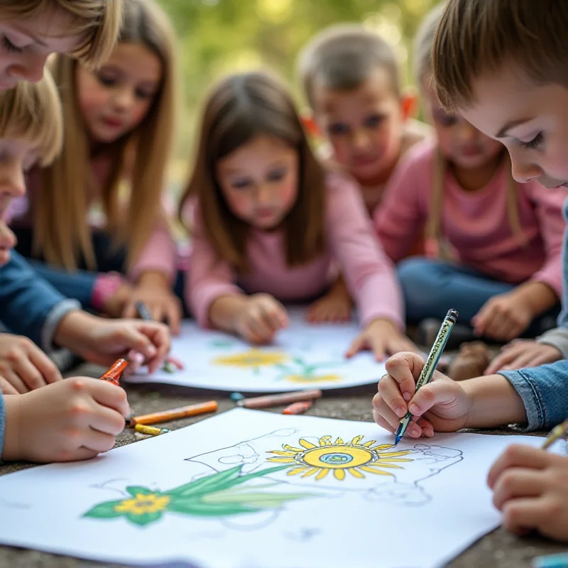 A group of Ukrainian children are drawing pictures of peace, with sunflowers and blue skies.