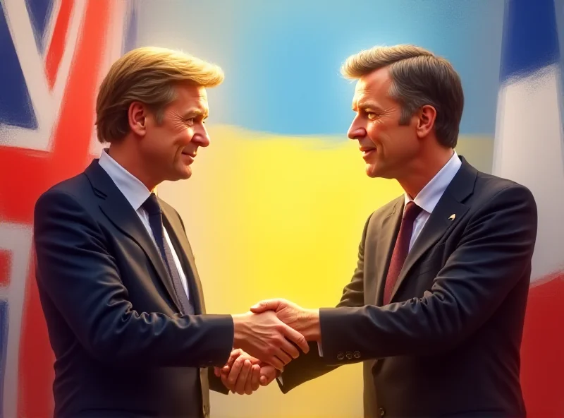 Leaders of the UK and France shaking hands in front of their respective flags, symbolizing a united front.