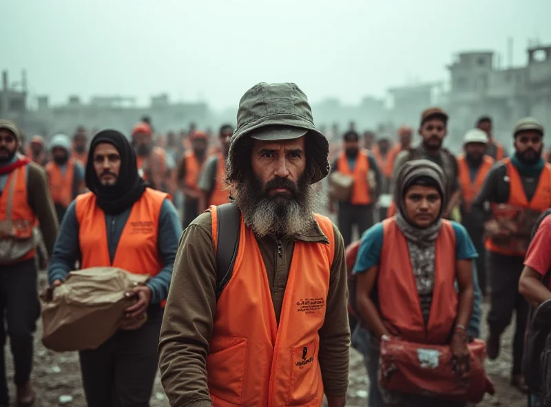 A group of people carrying boxes of humanitarian aid towards a war-torn Gaza cityscape, symbolizing international efforts to alleviate suffering.