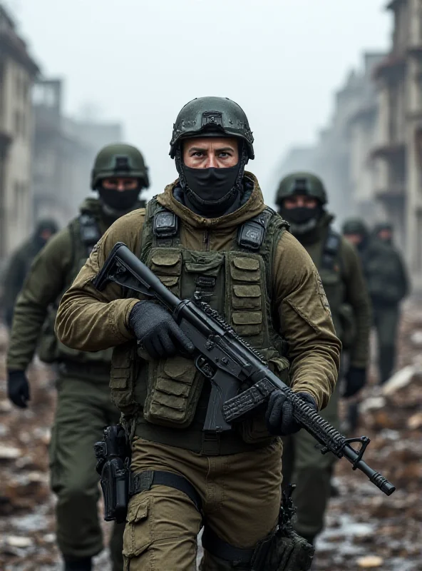 European soldiers on patrol in a war-torn Ukrainian city.