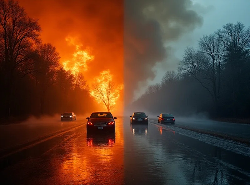 A split image showing a wildfire raging on one side and a flooded street on the other, representing the devastating effects of climate change.