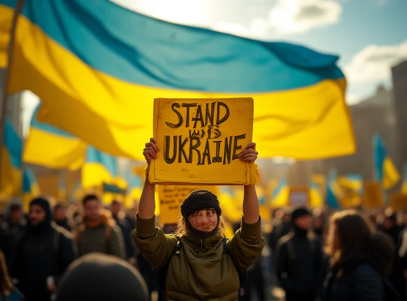 A protestor holding a sign that reads 'Stand with Ukraine' in bold letters, with a Ukrainian flag waving in the background.