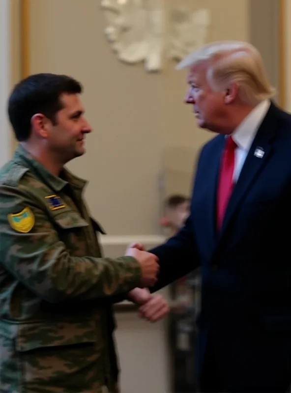 Volodymyr Zelenskyy and Donald Trump shaking hands, Zelenskyy in military fatigues, Trump in a suit.