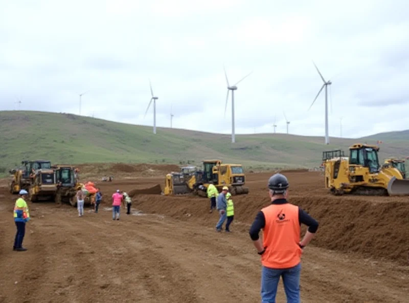 Construction site with wind turbines in the background