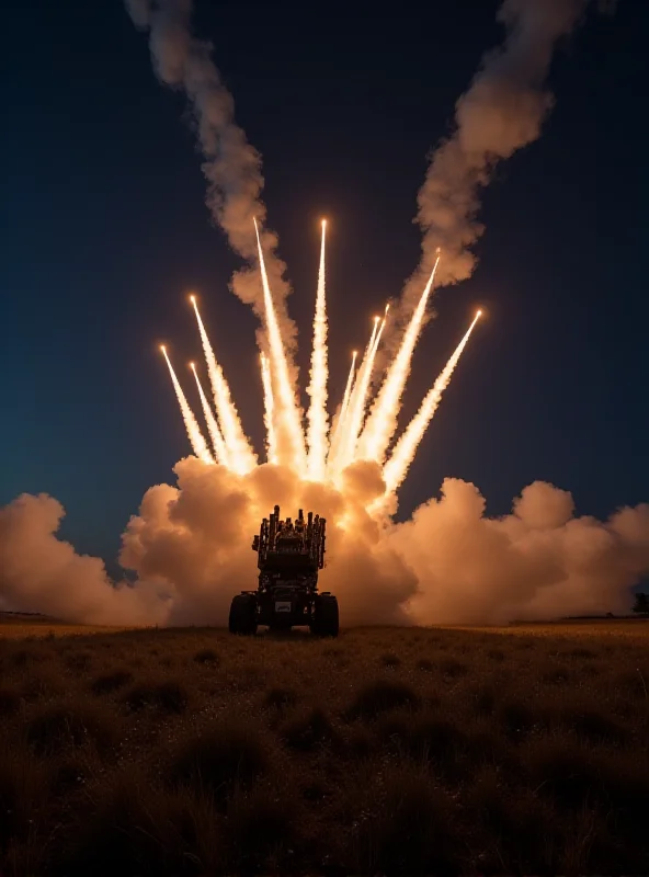 Multiple Launch Rocket System (MLRS) firing rockets