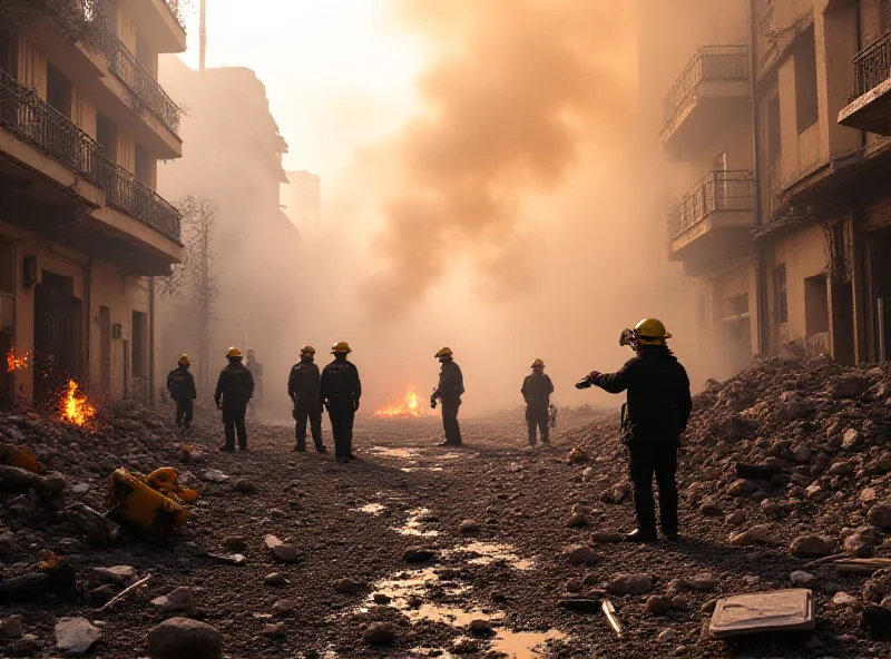 Emergency responders at the scene of a fireworks explosion, with smoke billowing in the background.