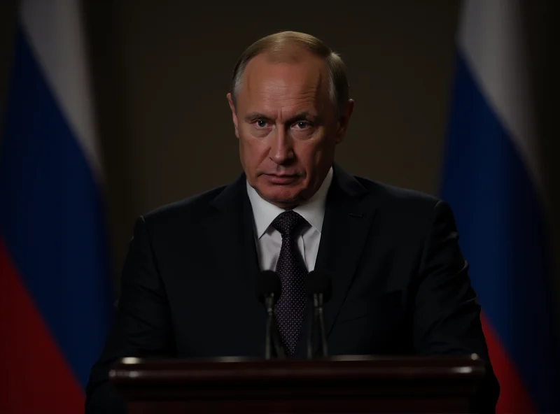 Image of Vladimir Putin delivering a speech, serious expression, Russian flag in the background