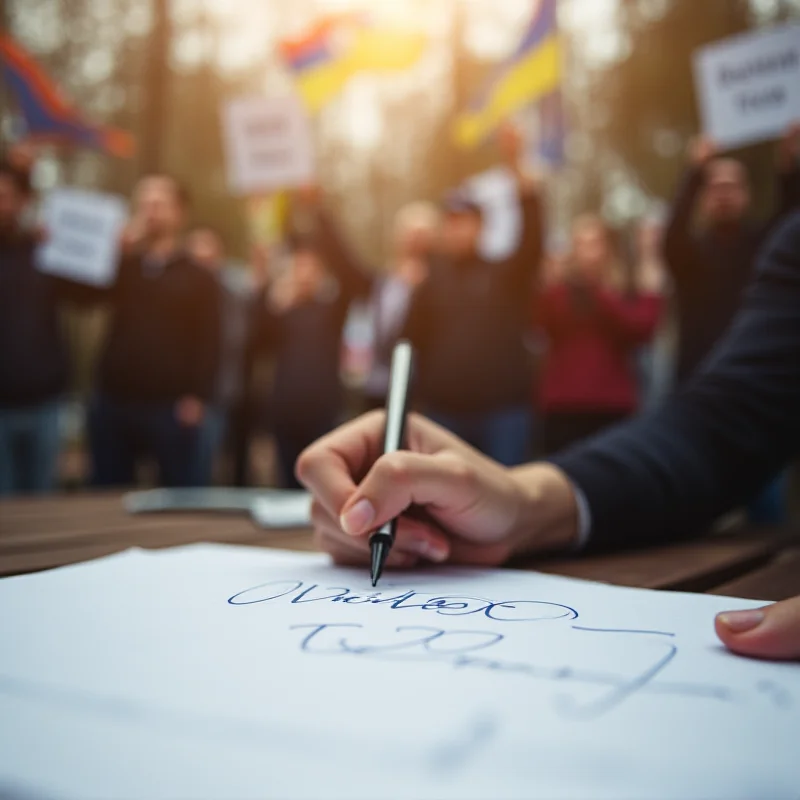 A close-up shot of a hand signing a petition, with a blurred background of people holding signs and flags, symbolizing a referendum.