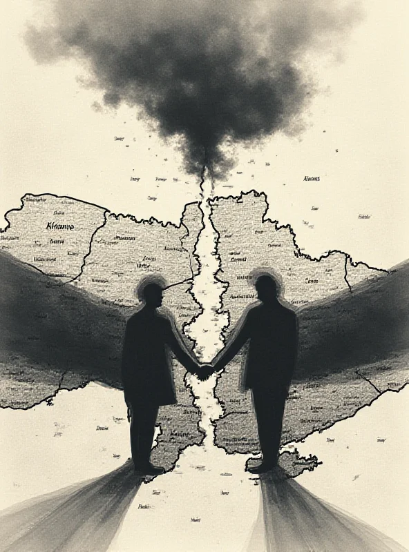 Illustration of broken promises and a handshake over a map of Ukraine.