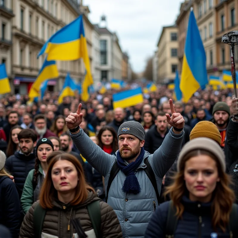 Image of a protest in support of Ukraine, with people holding Ukrainian flags.