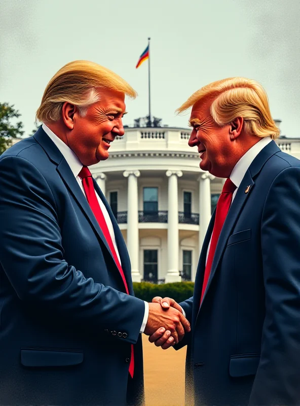 An artist's rendering of Donald Trump shaking hands with Volodymyr Zelenskyy in front of the White House, with a subtle hint of mineral deposits in the background.