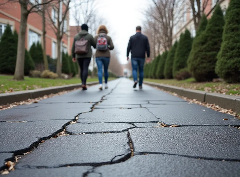 A photograph of a freshly paved road with low-cost asphalt in Petržalka, with visibly cracked and uneven sidewalks in the foreground.