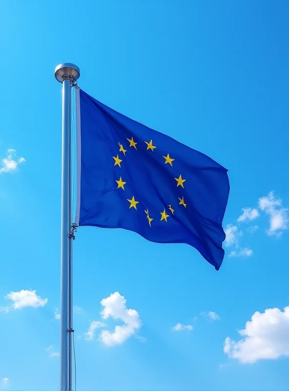 European Union flag waving in front of a map of Europe, symbolizing European unity and support.