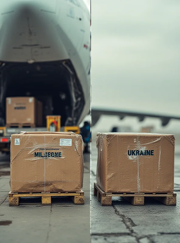 A split image showing military aid being sent to Israel on one side and a depleted aid package for Ukraine on the other.