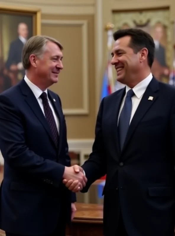 Volodymyr Zelenskyy shaking hands with an American official.