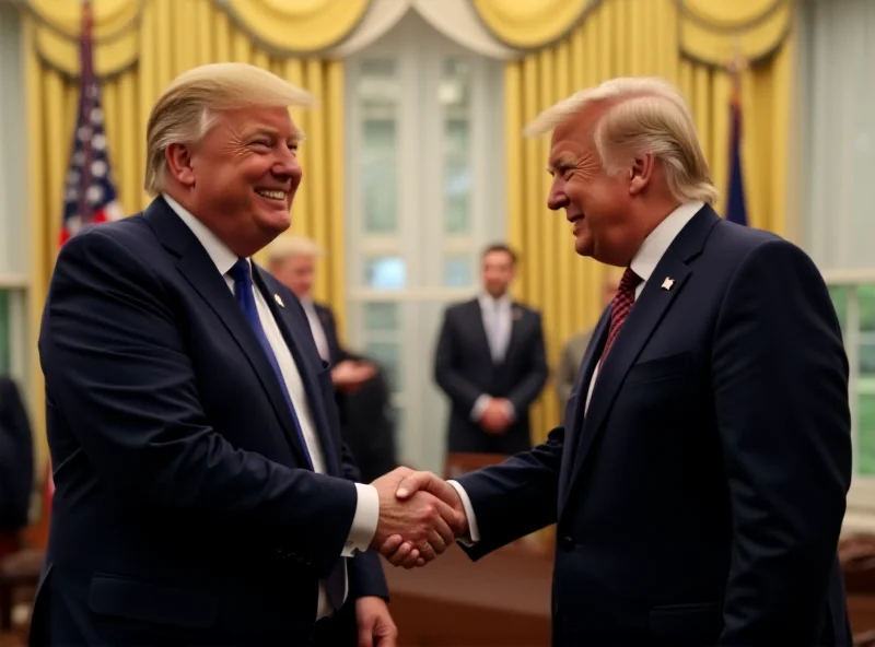 Donald Trump and Volodymyr Zelensky shaking hands in the Oval Office.