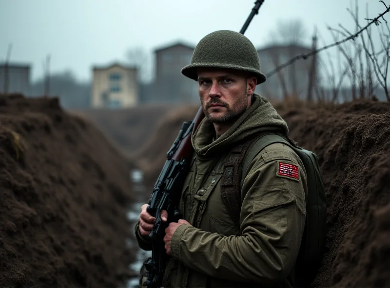 Ukrainian soldier holding a rifle, looking concerned, in a trench. War-torn landscape in the background.