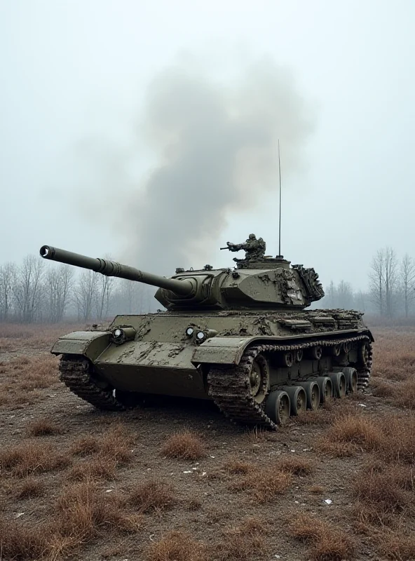 Destroyed Russian tank in a field in Ukraine, with smoke rising in the background. Focus on the damaged tank.