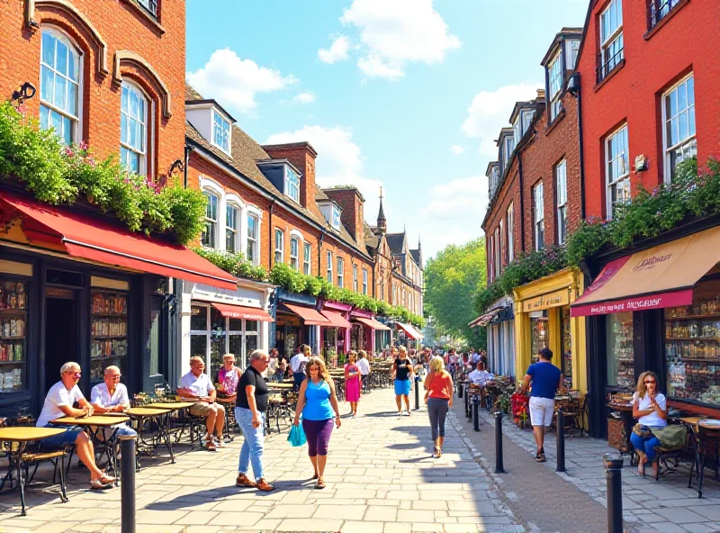 A vibrant street scene in a trendy UK neighborhood, with colorful buildings, street art, and people enjoying outdoor cafes.