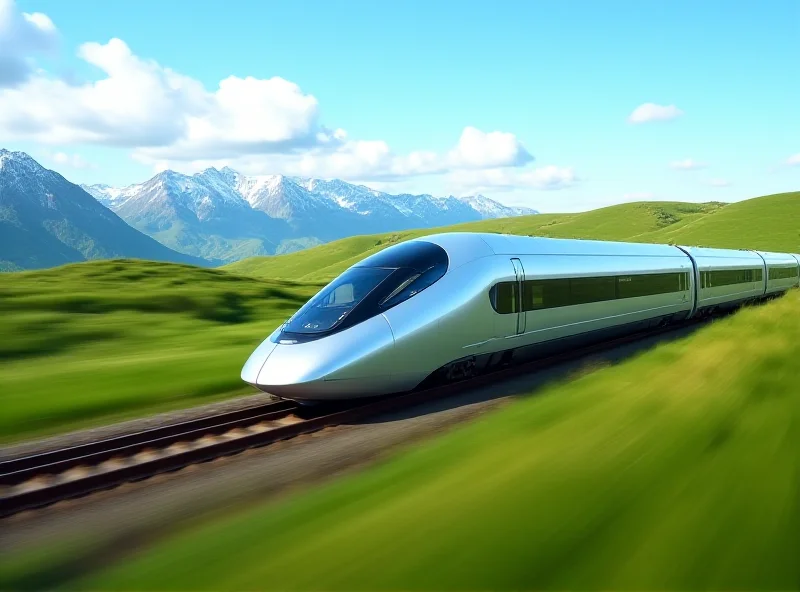 A sleek, modern high-speed train speeding through a scenic European landscape, with mountains and green fields in the background.