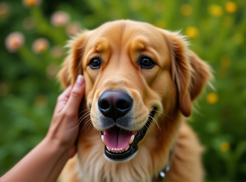 A happy, elderly dog being petted by its owner outdoors.